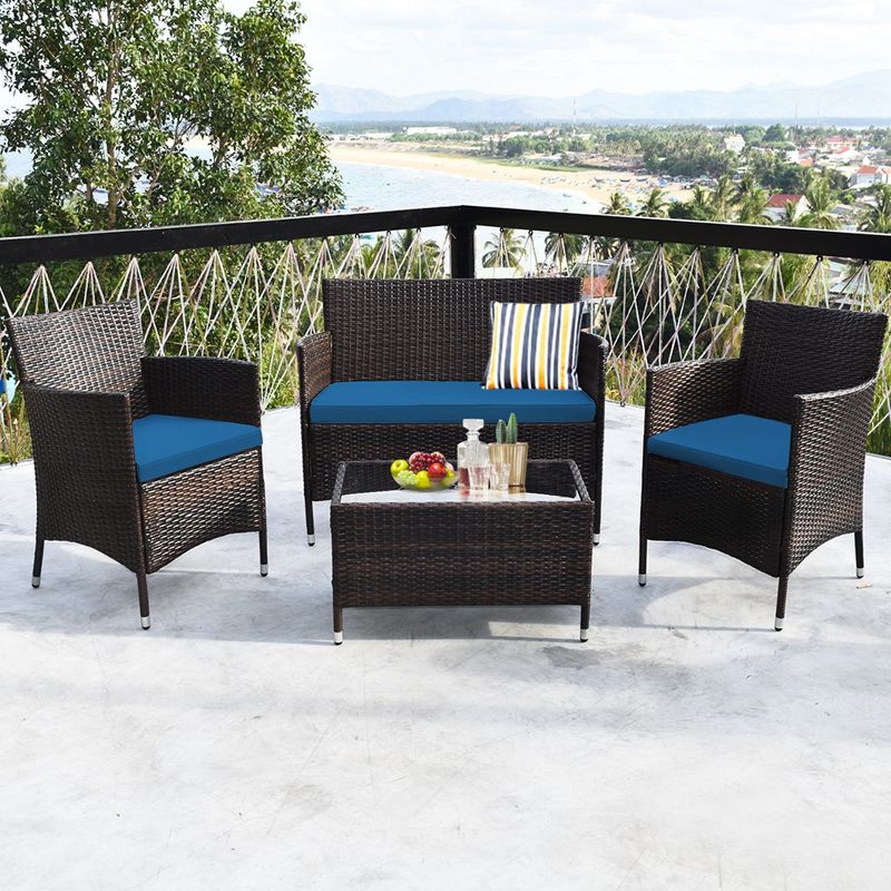 Costway 4PCS Rattan Patio Furniture Set Cushioned Sofa Chair Coffee Table, 4 of 11