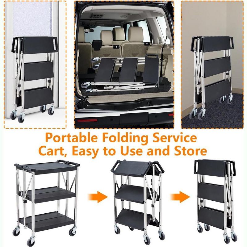 Portable Folding Service Cart 3-Tier Fold Up Rolling Cart 330lbs 26.7"Dx16"Wx36"H, 3 of 7