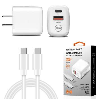 20W PD Dual Ports Travel Wall Charger Adapter Fast Charging with 4FT USB-C to Type-C Cable