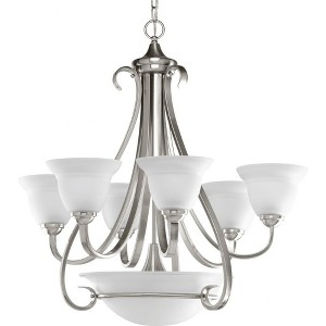 Progress Lighting Torino 6-Light Two-Tier Chandelier, Brushed Nickel, Etched White Glass Shades - 1 of 3
