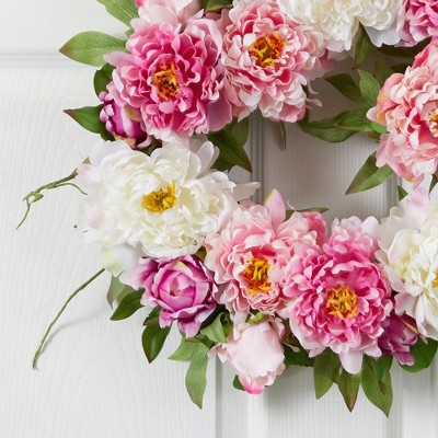22" Pink and White Artificial Peony Wreath