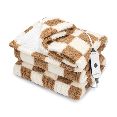 Sunbeam 50 x60 Electric Throw Nordic Faux Shearling With Foot Pocket Heated Blanket Clay Checkerboard Target