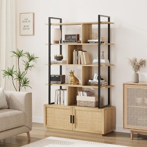 5 Tier Rattan Bookshelf with Storage Cabinet & Door, 71.1 Inch Tall Industrial Book Shelf with Open Display Shelves - 1 of 4