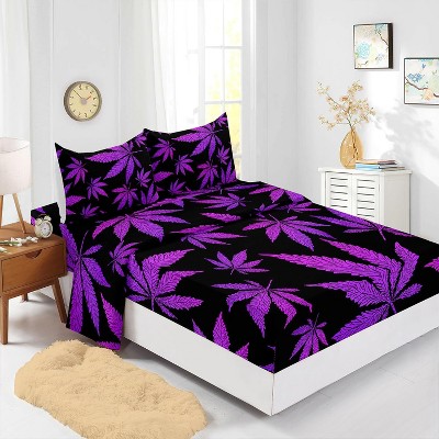 Acoinel 4 Pcs  Purple Botanical Weed Leaf Comforter Set with 1 Fitted Sheet, 1 Flat Sheet and 2 Pillowcases, for Kids Teens Boys Girls Bedroom,Twin