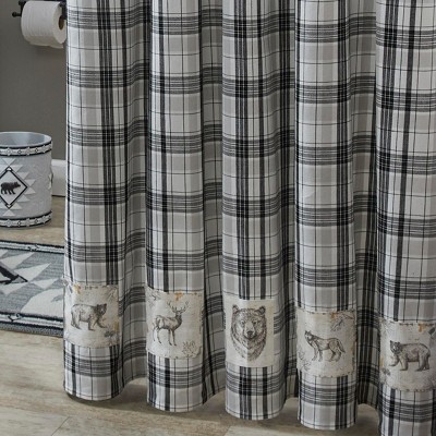 Rustic Plaid Fabric Shower Curtain with Wildlife Patches