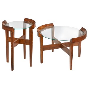 2pc Dayton Round Coffee and End Table Set Walnut - Lifestorey: Tempered Glass, Rubberwood Frame - 1 of 4