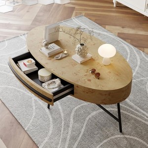 Acekool Oval Coffee Table with Drawer, 47.2" Wooden Storage Table with Cross Metal Legs – Mid-Century Modern Center Table in Natural & Golden Willow - 1 of 4
