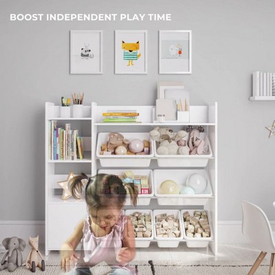 White Kids Toy Storage Organizer with Bookshelf and Colorful Bins