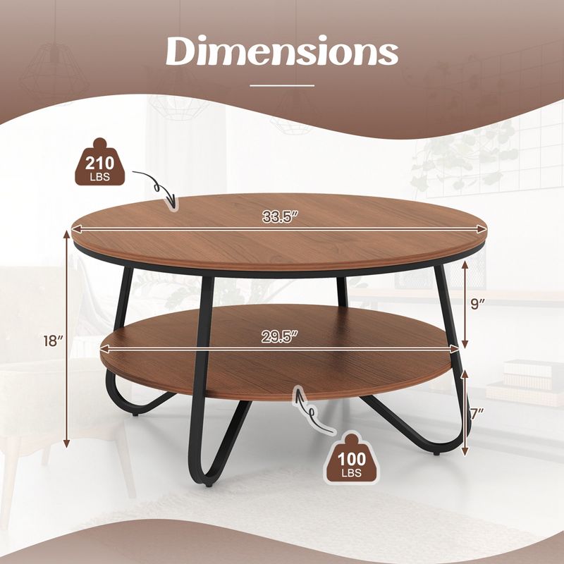 Costway 2-Tier Round Coffee Table with Wood Grain Finish & Heavy-duty Metal Frame, 3 of 11