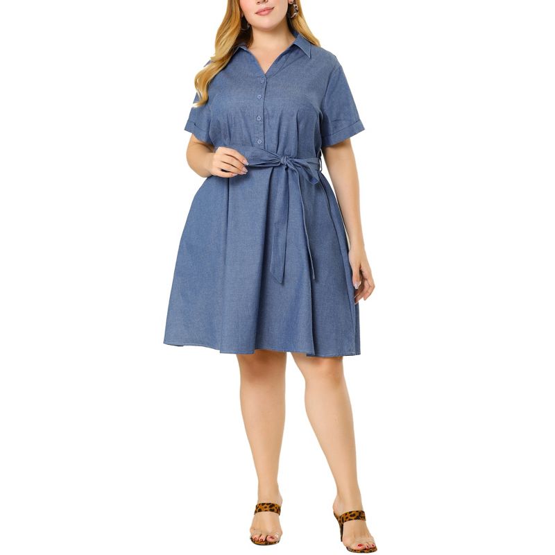 Agnes Orinda Women's Plus Size Relaxed Fit Buttons Belted Short Sleeves Chambray Shirtdress, 2 of 7
