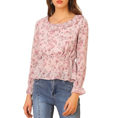 INSPIRE CHIC Women's Long Sleeve Ruffle Floral Peplum Top Chiffon Blouse Shirts
