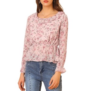 INSPIRE CHIC Women's Long Sleeve Ruffle Floral Peplum Top Chiffon Blouse Shirts - 1 of 4