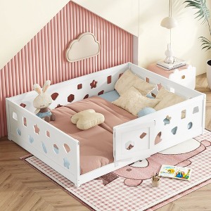 CAVINAS Twin/Full Size White Bed Frame with Heightened Guardrails,Solid Wood Floor Bed for Kids Room,Bedroom - 1 of 4