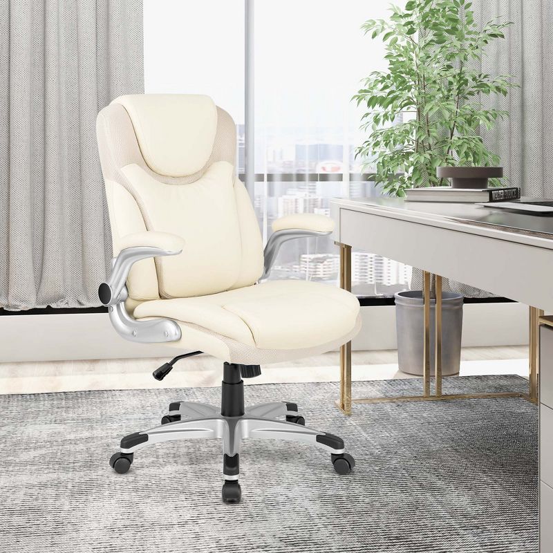 Costway Ergonomic Office Chair PU Leather Executive Swivel with Flip-up Armrests Beige, 4 of 11