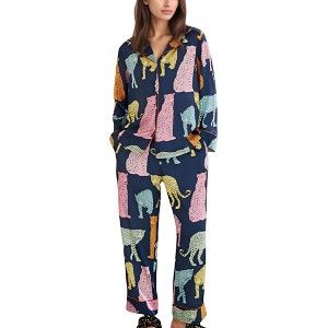 Anna-Kaci Lounge Women's Satin Multicolor Leopard Print Pajama Set with Button Up Long Sleeve Shirt and Relaxed Fit Pants - 1 of 4