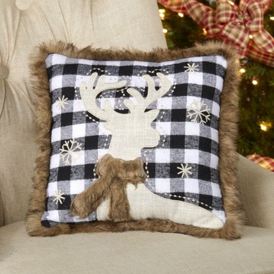 Lakeside Embroidered Black and White Plaid Reindeer Throw Pillow with Fur Trim