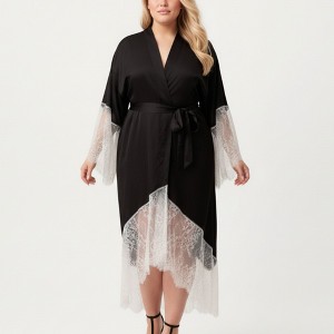 Anna-Kaci Lounge Women's Plus Size Long Robe with Sheer Lace Hem and Sleeve Detailing and Soft Flowing Fabric - 1 of 4