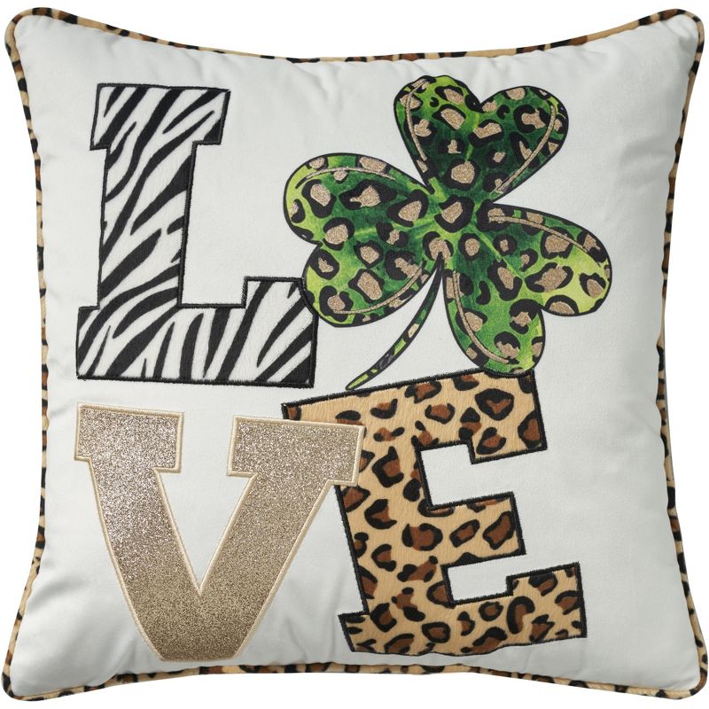 Mina Victory Holiday Pillows Shamrock Love Leopard 16" x 16" Multicolor Throw Pillow, 1 of 6