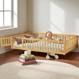 Mshliw Twin/Full/Queen Size Kids Floor Bed with Safety Guardrails and Door, Montessori Style Wooden Platform Bed Frame for Toddlers, Children Bedroom - 1 of 4