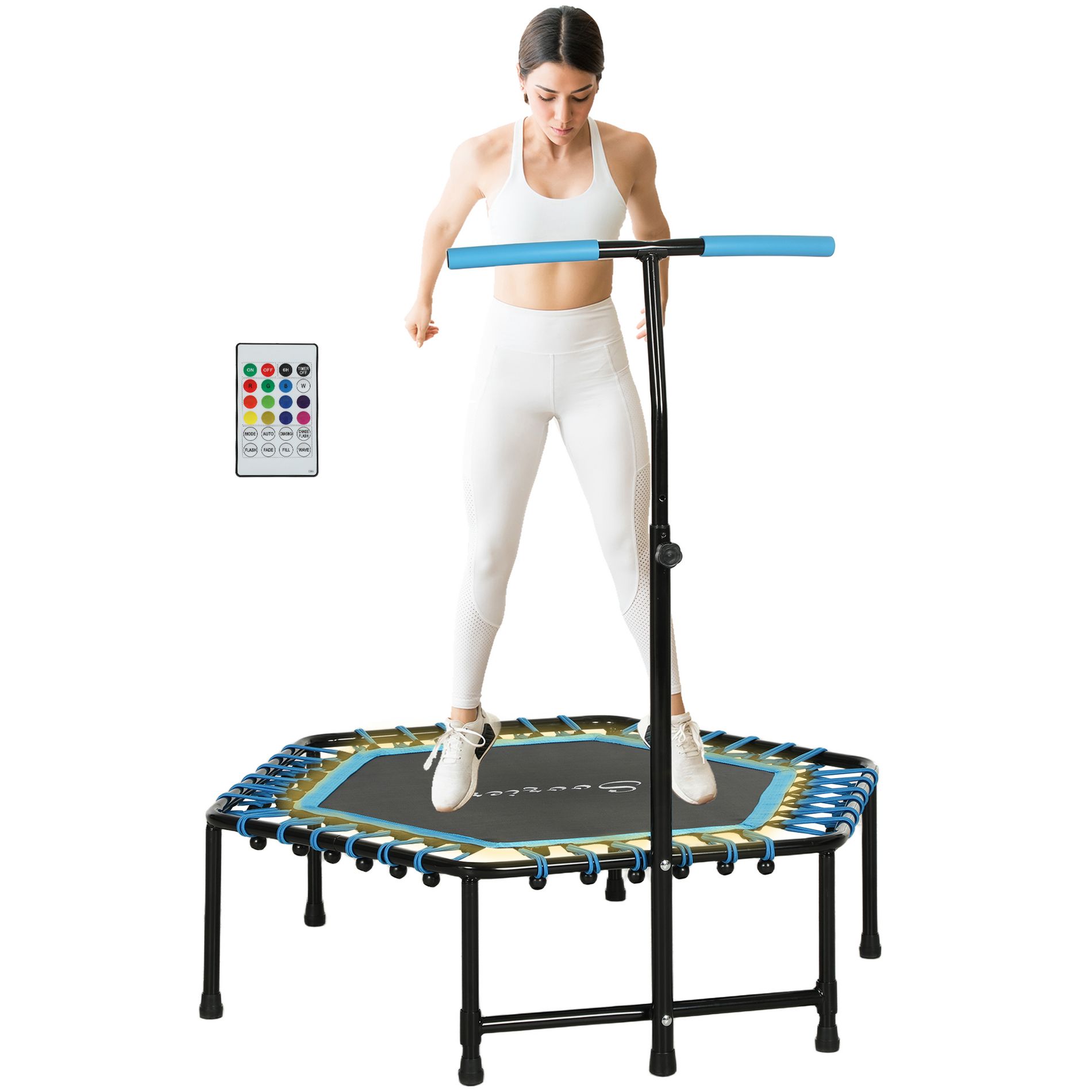 Soozier 45" Mini Trampoline, Rebounder Trampoline for Adults with LED Lights and Adjustable Handle, Quiet Bungee Rebounder, Blue