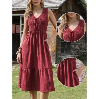 Женские платья INSPIRE CHIC Women's Sleeveless V Neck Smocked Summer Casual Tiered A-Line Midi Dresses Large Burgundy — фото 3