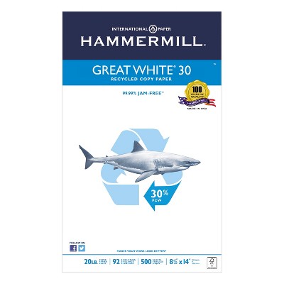 Hammermill Great White Recycled Copy Paper 92 Brightness 20lb 8-1/2 x 14 500 Shts/Ream 86704