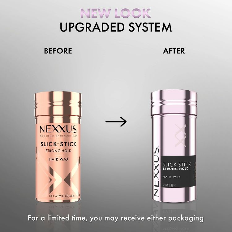 Two containers of Nexxus Slick Stick Strong Hold Hair Wax are shown, with the left in a copper colored design labeled "BEFORE" and the right in a pink colored design labeled "AFTER," with text indicating a new look and upgraded system.