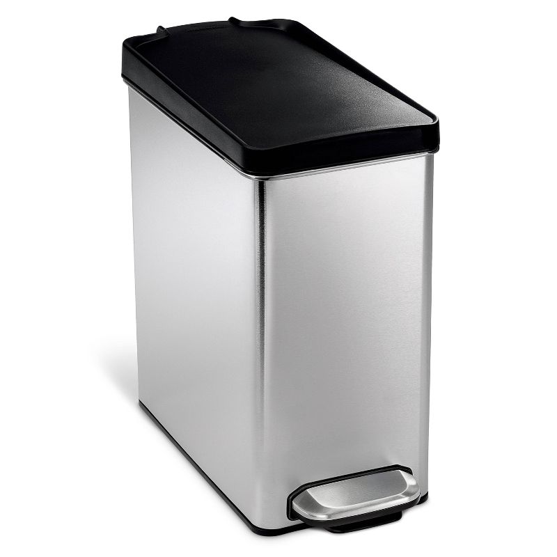 simplehuman 10L Rectangular Step Bathroom Step Trash Can Stainless Steel with Black Plastic Lid, 1 of 7