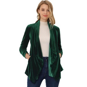 INSPIRE CHIC Women's Shawl Collar Pocket Open Front Velvet Cardigan - 1 of 4