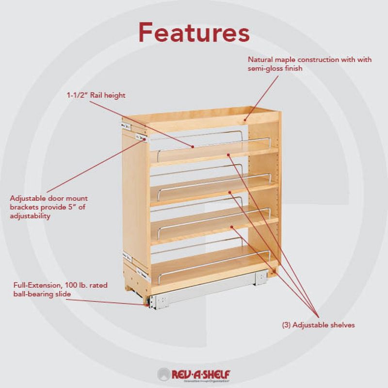 Rev-A-Shelf Pull Out Kitchen Cabinet Storage Organizer Spice Rack w/3 Adjustable Sliding Wood Shelves, Chrome Rails, & 100lb Capacity, 4 of 8