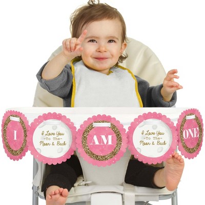 Big Dot of Happiness Pink Twinkle Twinkle Little Star 1st Birthday Highchair Decor - I Am One - First Birthday High Chair Banner