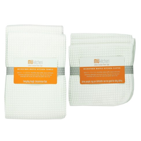 5pk Microfiber Waffle Kitchen Towel And Dish Cloth Set Orange - MU Kitchen