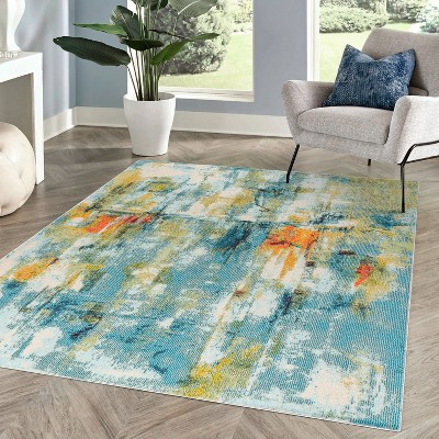 Contemporary Abstract Blue and Cream Synthetic Area Rug, 3 x 5 ft