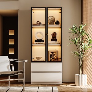 ATJafurn 23.6'' White China Cabinet Lighted Dining Cabinet Display Cabinet With Glass Doors and Drawers and LED Light For Living Room Dining Room - 1 of 4