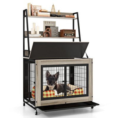 Tangkula Dog Crate Furniture w/ Storage Shelves Industrial Dog Kennel w/ Flip-up Top