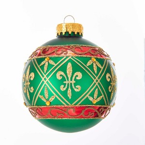 Kurt Adler 80MM Green Glass Ball Ornament With Red And Gold Fleur-De-Lis Design, 6-Piece Box - 1 of 4