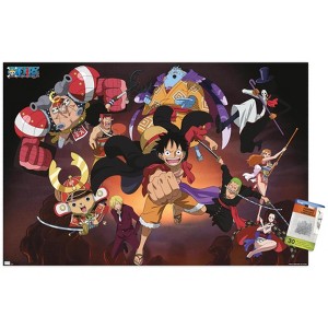 Trends International One Piece: Wano Country - Group Attack Unframed Wall Poster Print Clear Push Pins Bundle 22.375" x 34" - 1 of 4