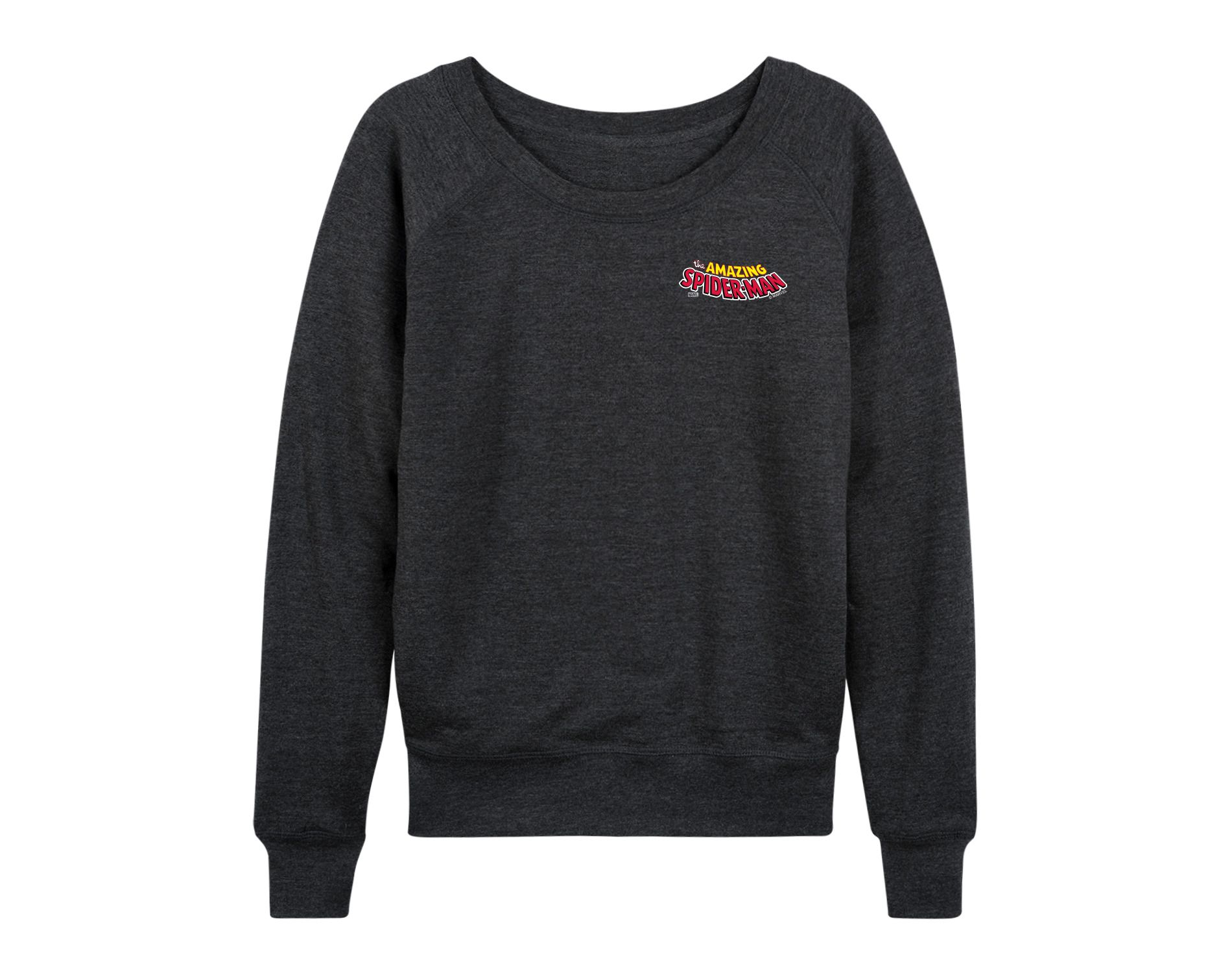 Women's Marvel Spiderman Editorial Logo Lightweight French Terry Wide Neck Long Sleeve Graphic Shirt - Heather Charcoal - 2X