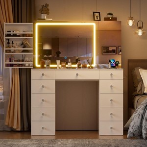 PAKASEPT Vanity with Lighted Mirror, Vanity Desk with Visible Glass Tabletop, 11 Drawers, Hidden Sliding Shelves and Charging Station, White - 1 of 4