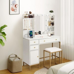 TROPOW Makeup Vanity Desk Set with Chair ¨C Power Outlet, Adjustable Lighted Mirror, Storage Drawers & Shelves, 3 Lighting Modes for Bedroom ,White - 1 of 4