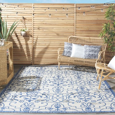 Ivory & Blue Classic Scroll 7' x 10' Synthetic Outdoor Rug