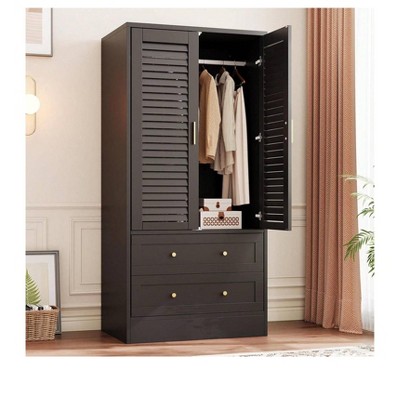 White Wardrobe Armoire with 2 Shutter Doors & 2 Drawers, Hanging Rod, Freestanding Wooden Closet, Large Capacity Storage for Bedroom