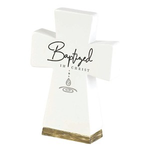 Dicksons Baptized Encouraging Verse Woodgrain Base Engraved Decorative White 6 x 3 Resin Tabletop Cross - 1 of 1