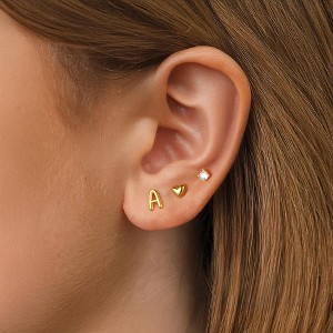 Turandoss 18K Gold Initial Stud Earrings for Women Girls - Dainty 3 Pairs Letter Heart Diamond Earring Hypoallergenic , Christmas Gifts for Girls - 1 of 4