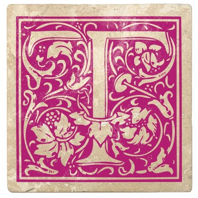 Christmas by Krebs 4pc Ivory and Tutti Frutti Pink Alphabet "T" Square Monogram Coasters 4"
