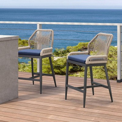 PURPLE LEAF Patio Sunbrella Bar Stools Set of 2 Handwoven Wicker Bar Height Stool Modern Aluminum Outdoor Wicker Barstools with Back and Cushion