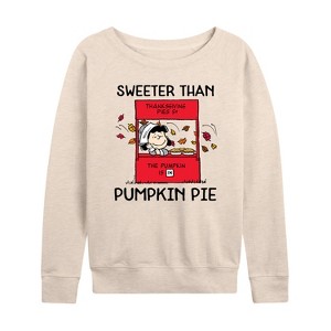 Women's - Peanuts - Lucy Thanksgiving Sweeter Than Pumpkin Pie Lightweight French Terry Wide Neck Long Sleeve Shirt - 1 of 4
