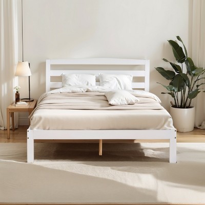 Subrtex Solid Wood Platform Bed with Headboard, Bed Frame with Wood Slat Support, White