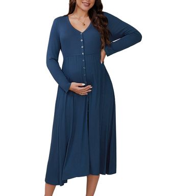 INSPIRE CHIC Women's Maternity V-Neck Long Sleeve Maxi Dress Front Button Empire Waist A Line Casual Dress X-Large Blue : Target