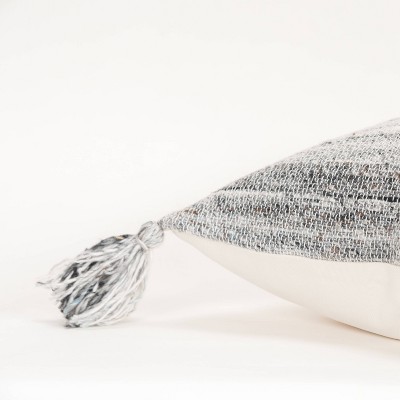 20" Charcoal and Beige Striped Polyester Tassel Pillow Cover
